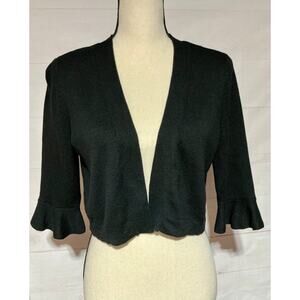 TALBOTS sz S black crop short length open front cardigan 3/4 ruffle sleeve